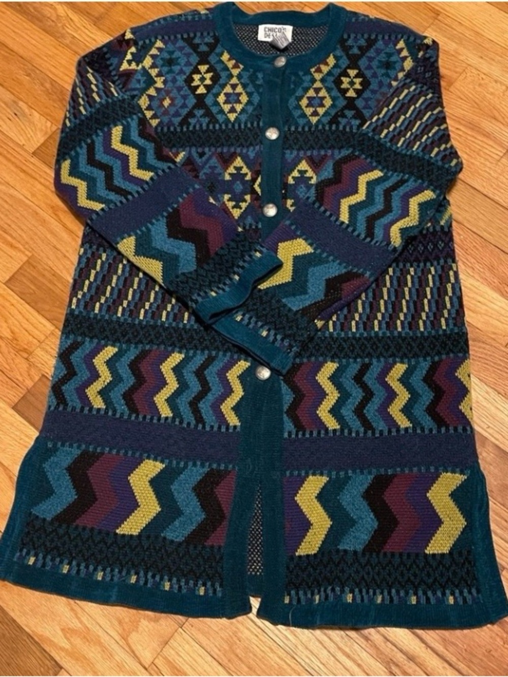 Teal Multi-Pattern Button Cardigan Sweater - Picture 3 of 4